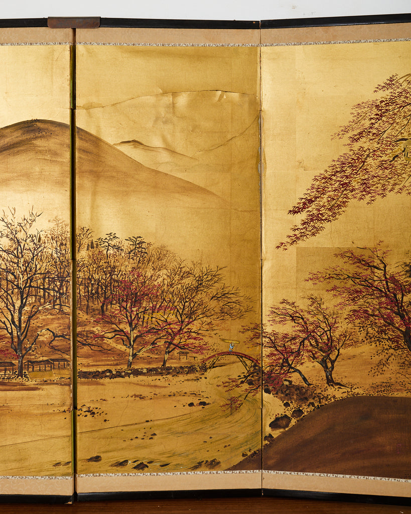 Japanese Showa Four Panel Screen Autumn Landscape on Gilt