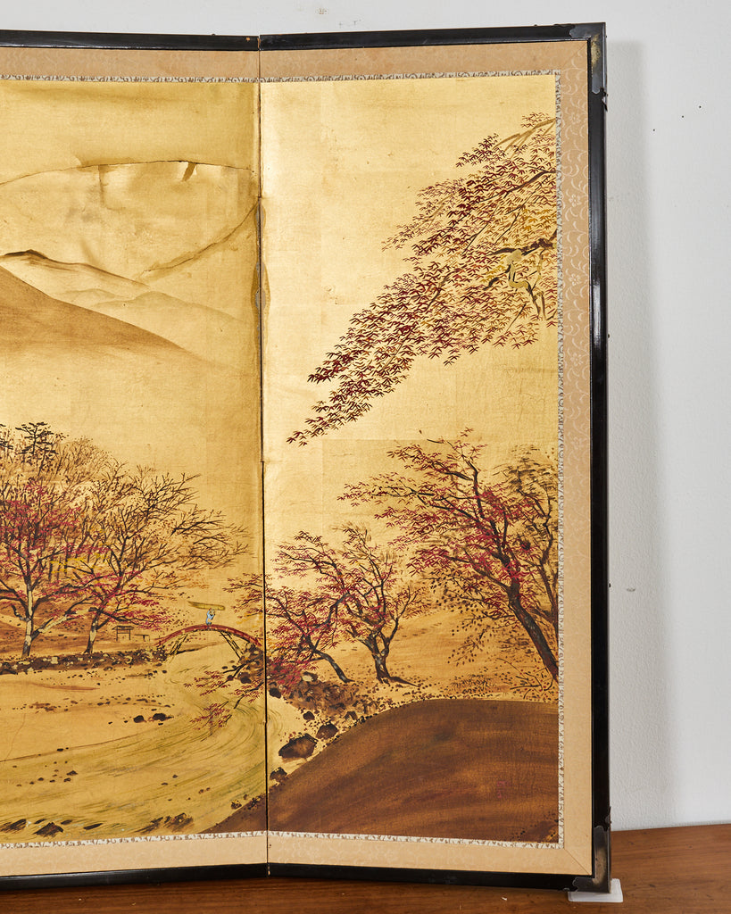Japanese Showa Four Panel Screen Autumn Landscape on Gilt