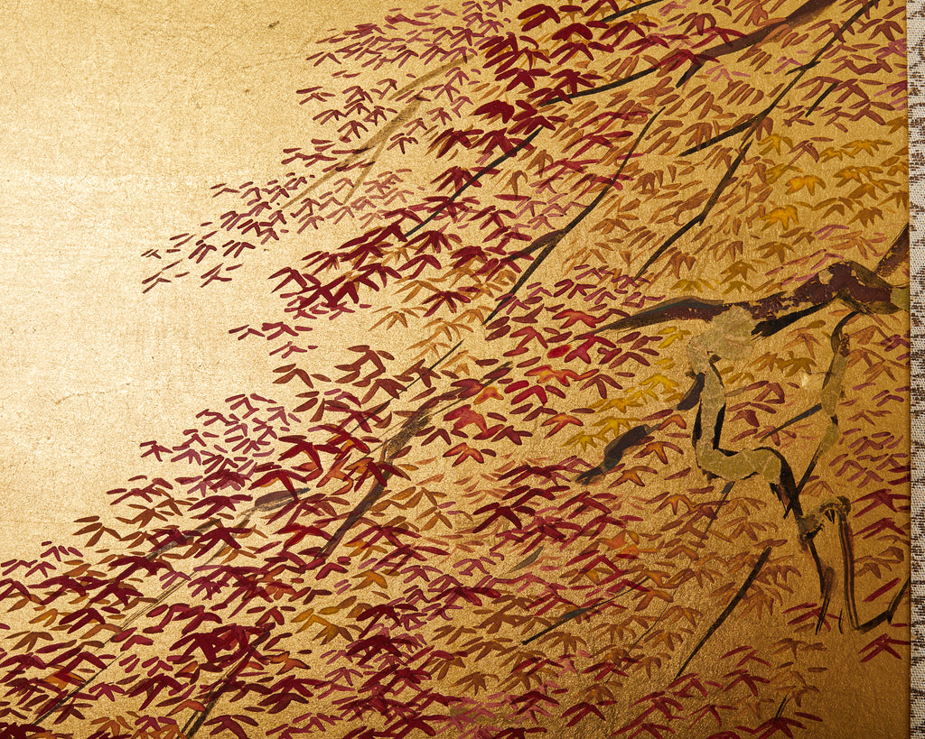 Japanese Showa Four Panel Screen Autumn Landscape on Gilt