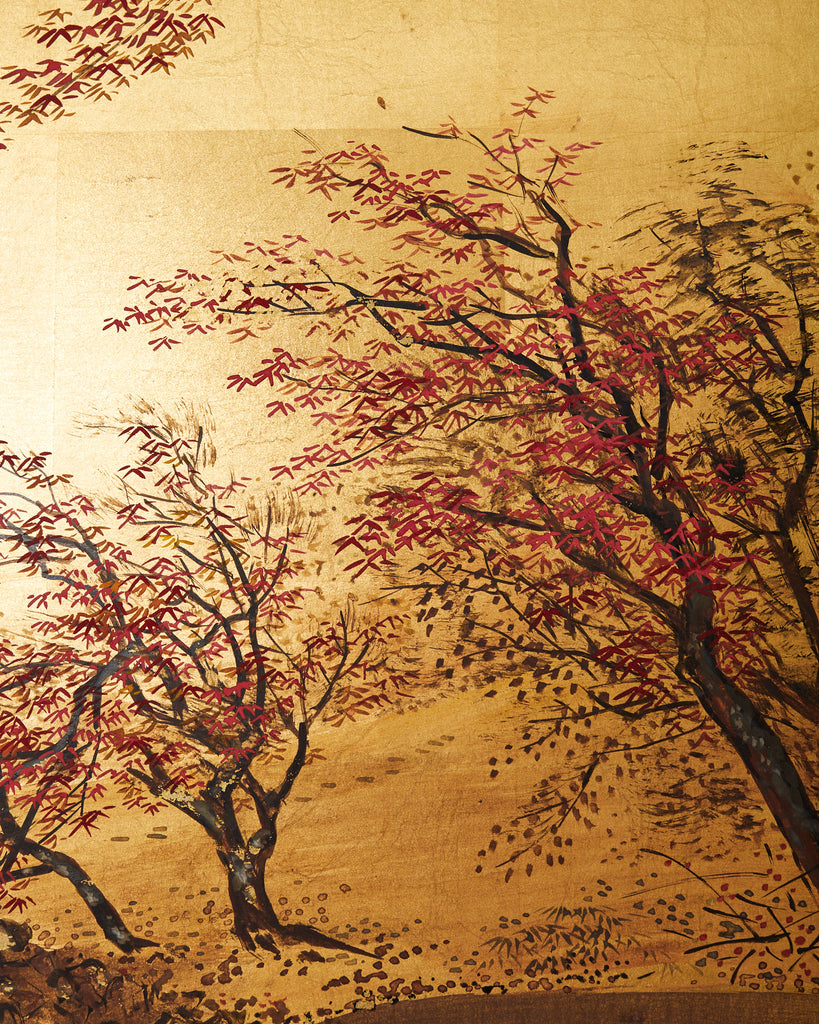 Japanese Showa Four Panel Screen Autumn Landscape on Gilt