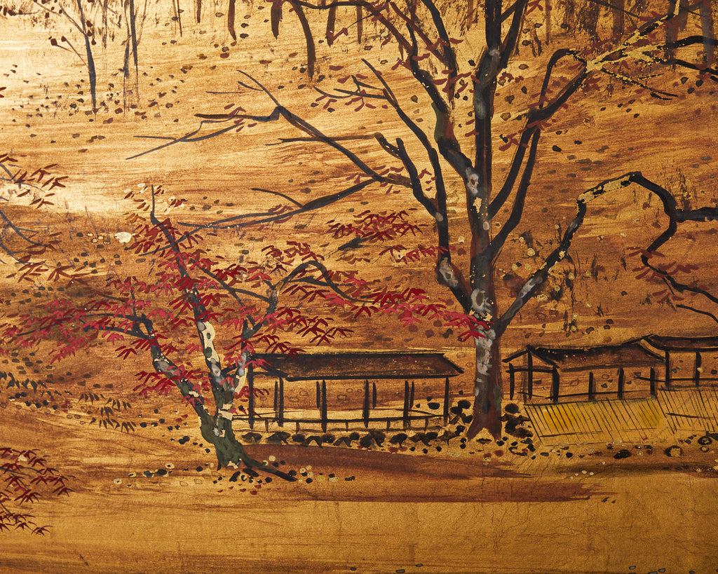 Japanese Showa Four Panel Screen Autumn Landscape on Gilt