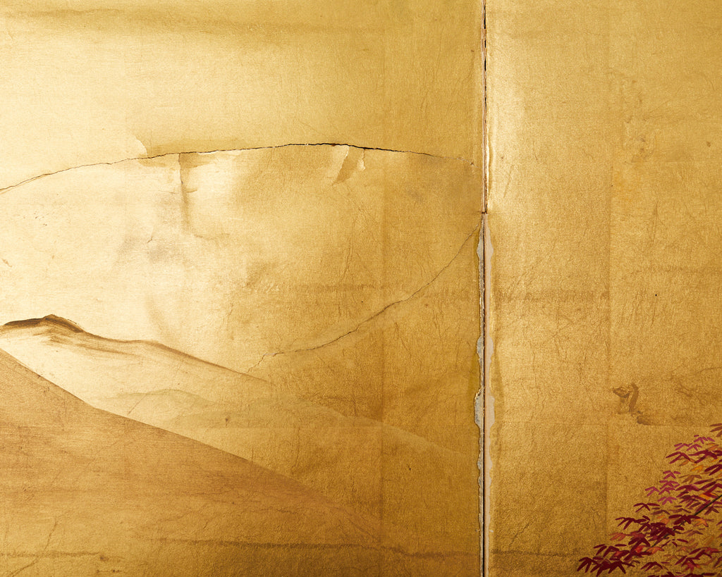 Japanese Showa Four Panel Screen Autumn Landscape on Gilt