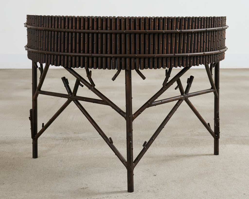 Pair of Faux Bamboo Bronzed Iron Demilune Planter Jardinieres