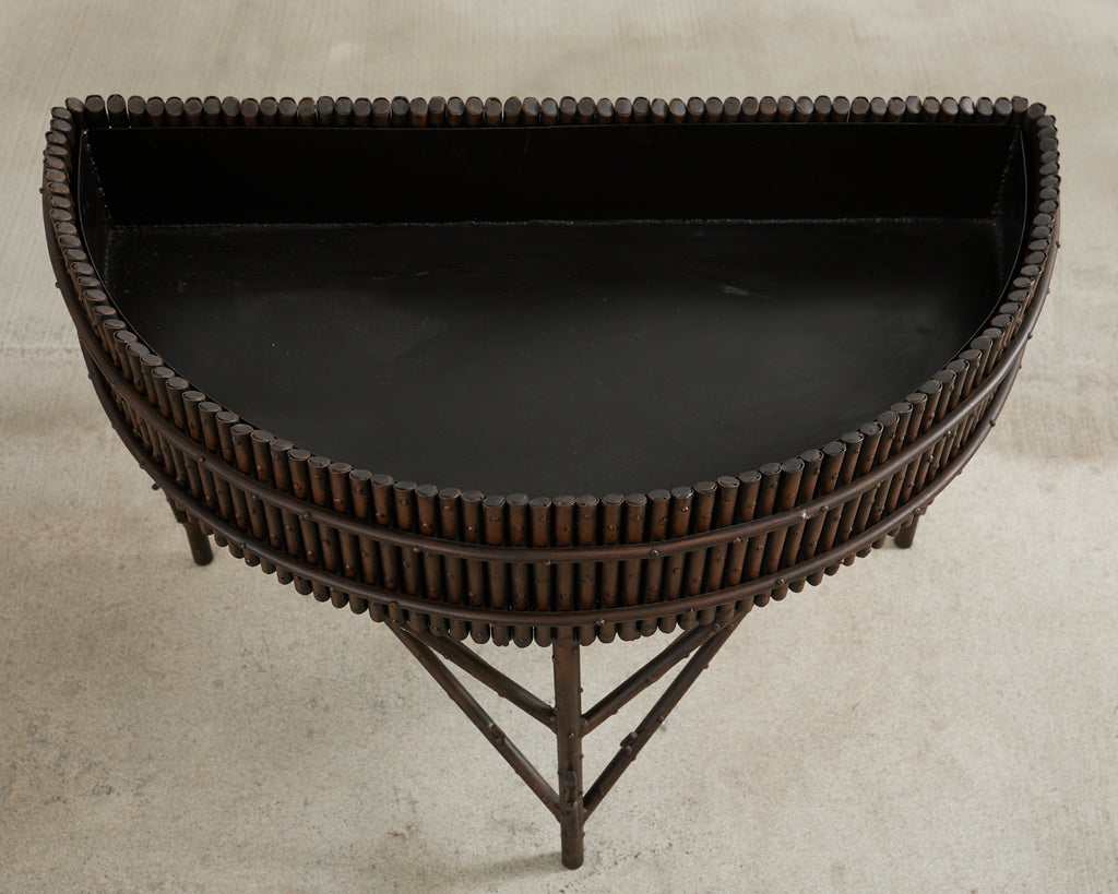 Pair of Faux Bamboo Bronzed Iron Demilune Planter Jardinieres