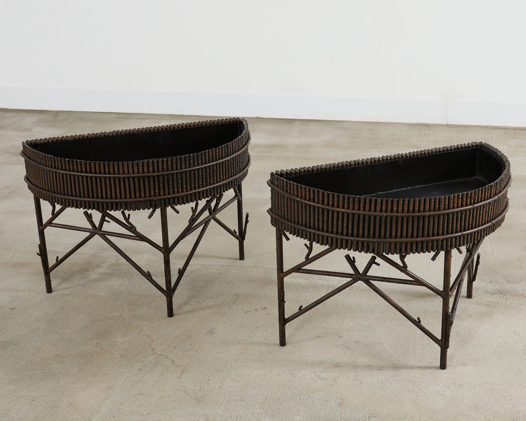 Pair of Faux Bamboo Bronzed Iron Demilune Planter Jardinieres
