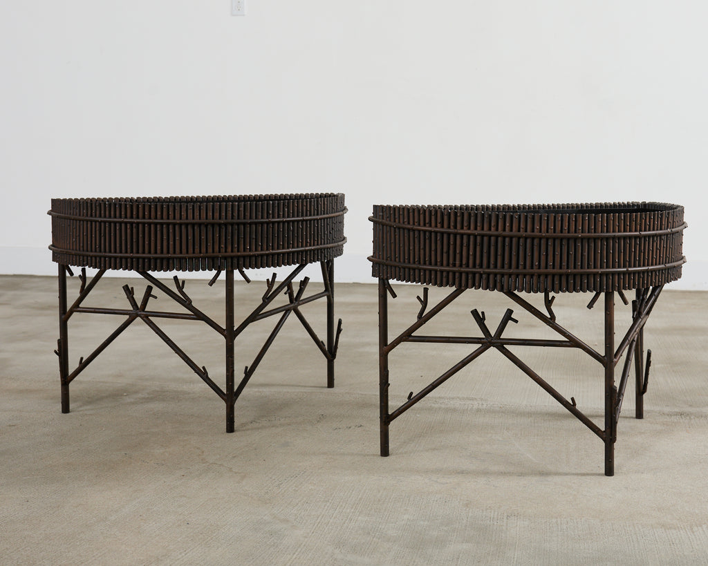 Pair of Faux Bamboo Bronzed Iron Demilune Planter Jardinieres