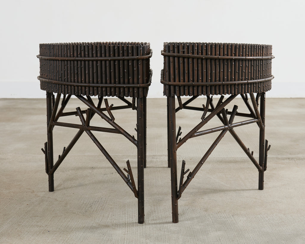 Pair of Faux Bamboo Bronzed Iron Demilune Planter Jardinieres