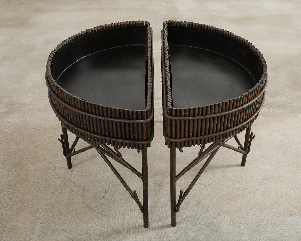 Pair of Faux Bamboo Bronzed Iron Demilune Planter Jardinieres