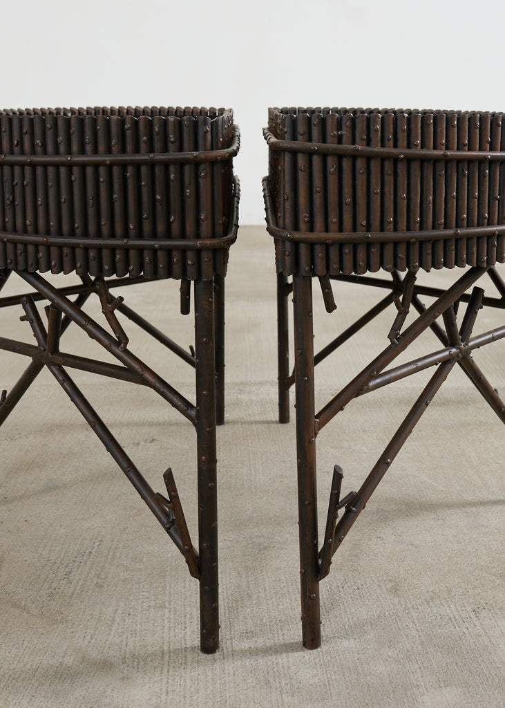 Pair of Faux Bamboo Bronzed Iron Demilune Planter Jardinieres