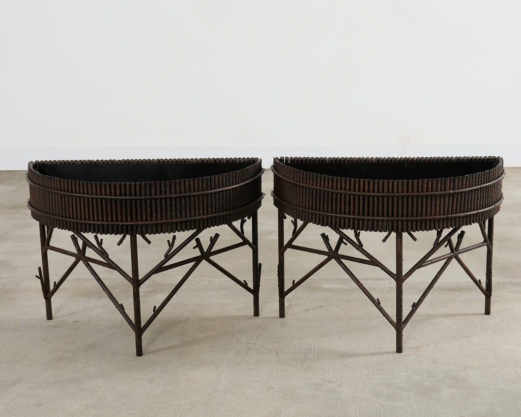 Pair of Faux Bamboo Bronzed Iron Demilune Planter Jardinieres