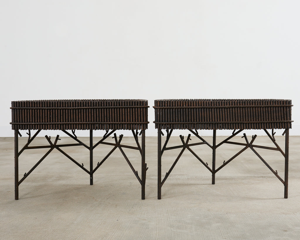 Pair of Faux Bamboo Bronzed Iron Demilune Planter Jardinieres