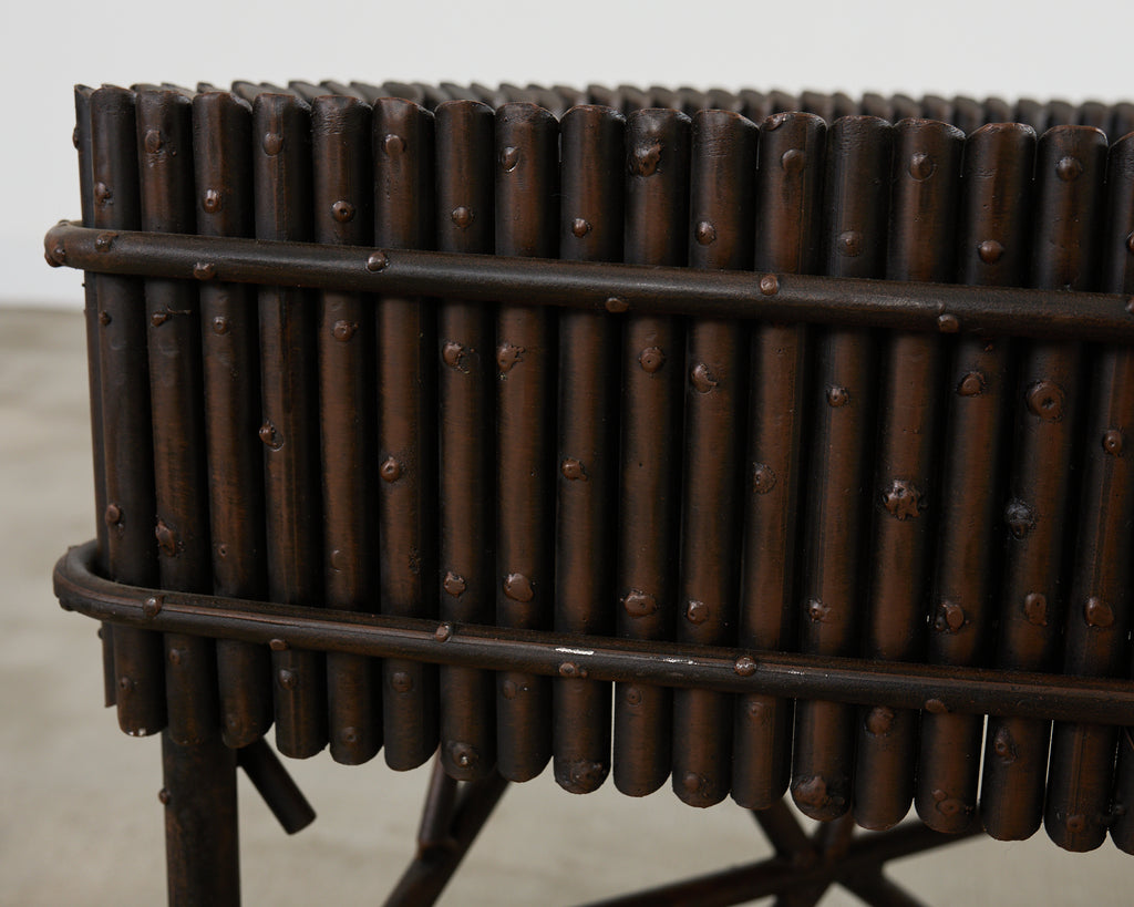 Pair of Faux Bamboo Bronzed Iron Demilune Planter Jardinieres