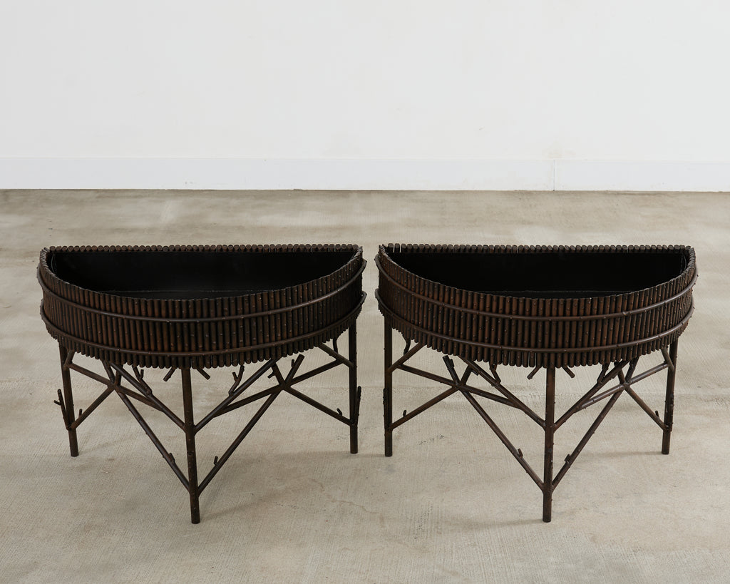 Pair of Faux Bamboo Bronzed Iron Demilune Planter Jardinieres