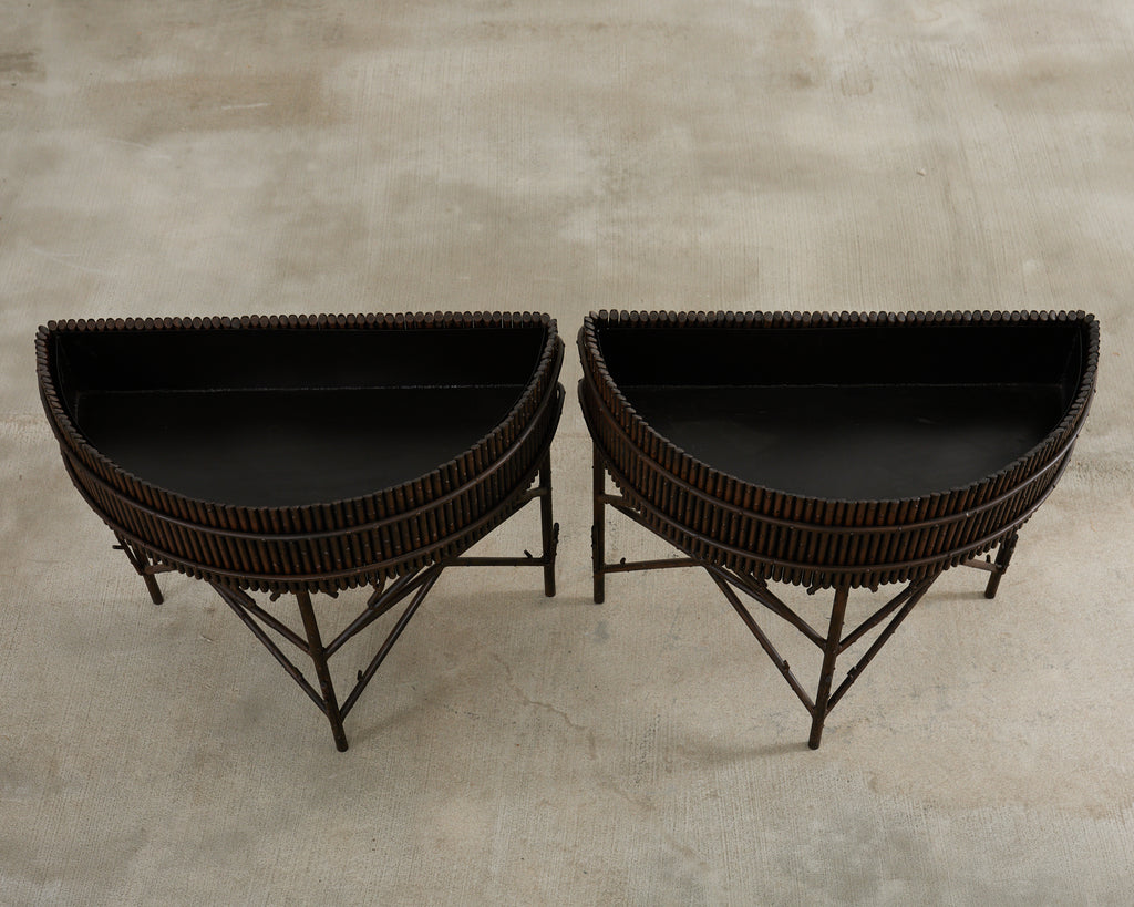 Pair of Faux Bamboo Bronzed Iron Demilune Planter Jardinieres