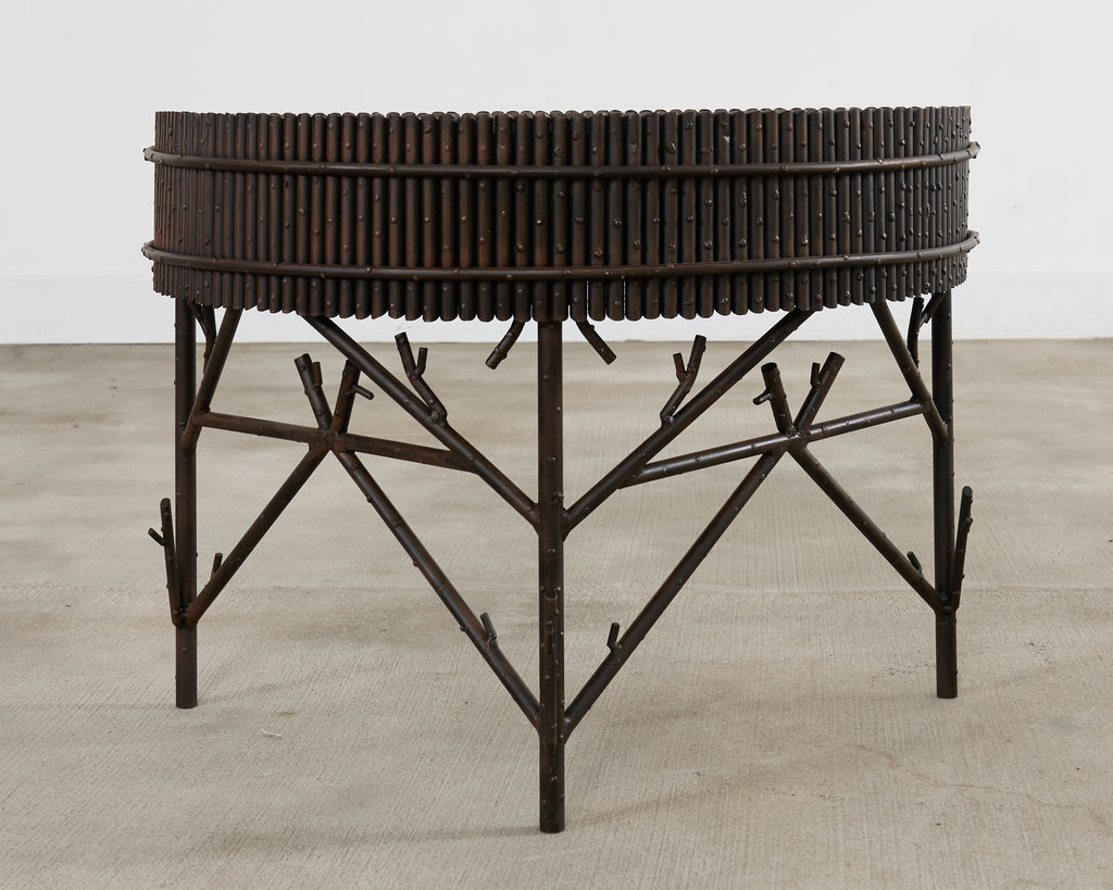 Pair of Faux Bamboo Bronzed Iron Demilune Planter Jardinieres