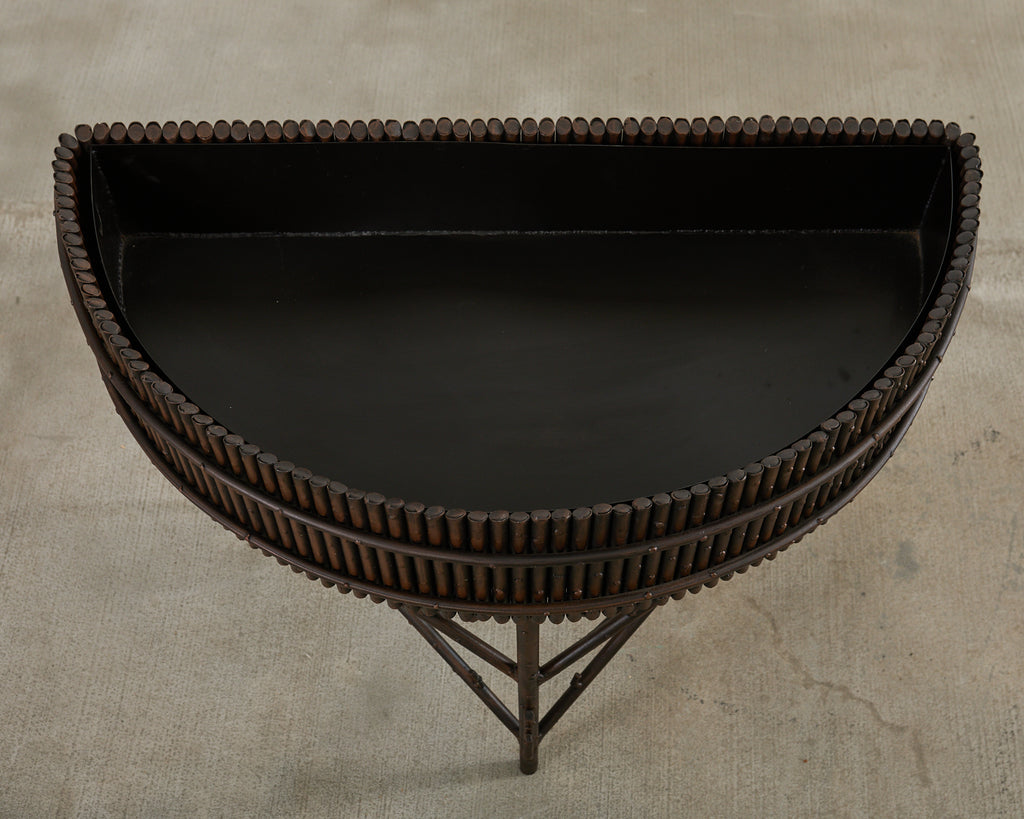 Pair of Faux Bamboo Bronzed Iron Demilune Planter Jardinieres