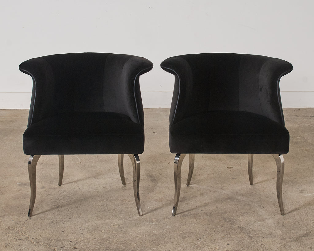 Pair of Fendi Casa Black Velvet Chrome Tulip Chairs