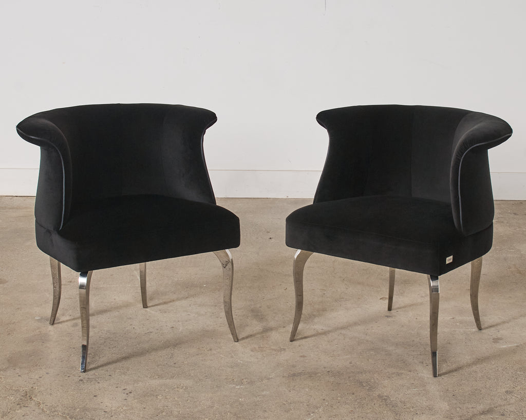Pair of Fendi Casa Black Velvet Chrome Tulip Chairs