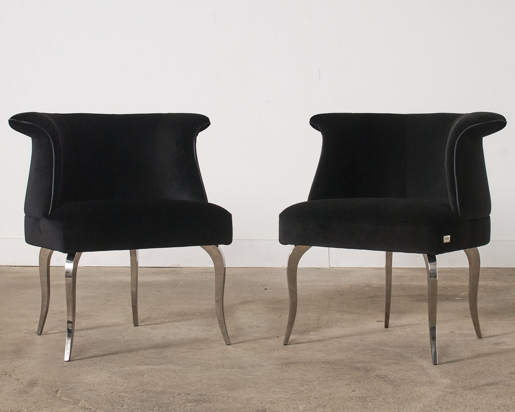 Pair of Fendi Casa Black Velvet Chrome Tulip Chairs