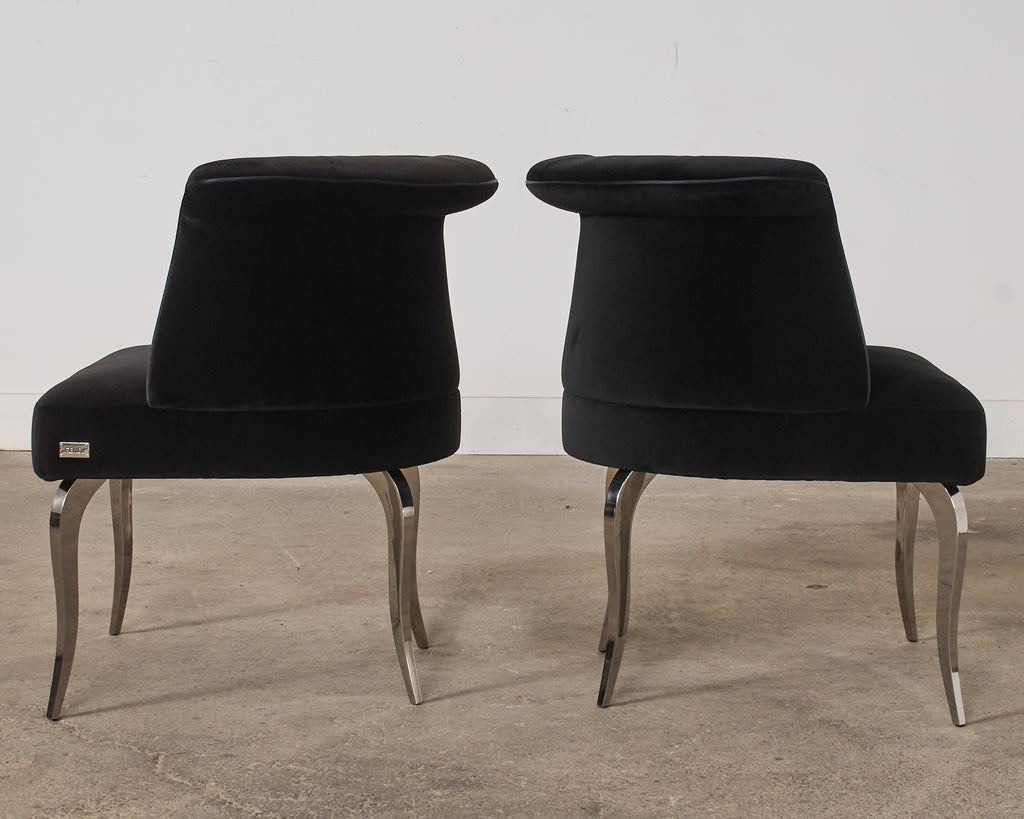 Pair of Fendi Casa Black Velvet Chrome Tulip Chairs