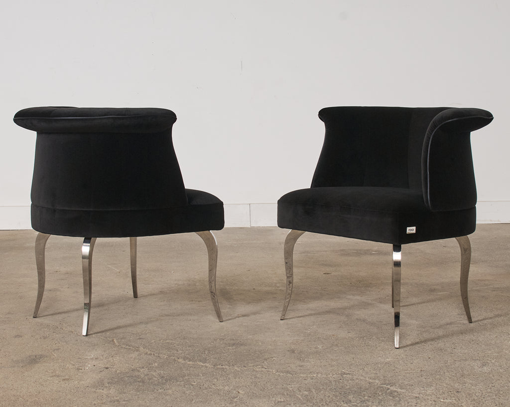 Pair of Fendi Casa Black Velvet Chrome Tulip Chairs
