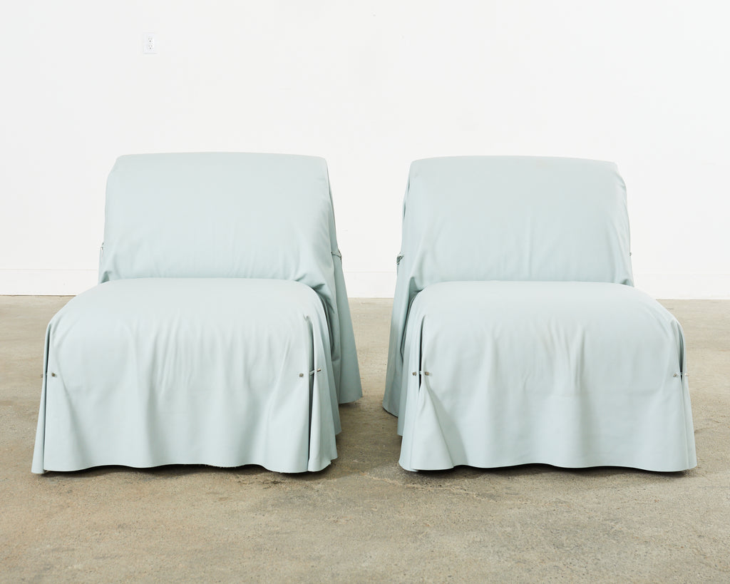 Pair of Fendi Casa Arctic Blue Leather Tunica Lounge Chairs