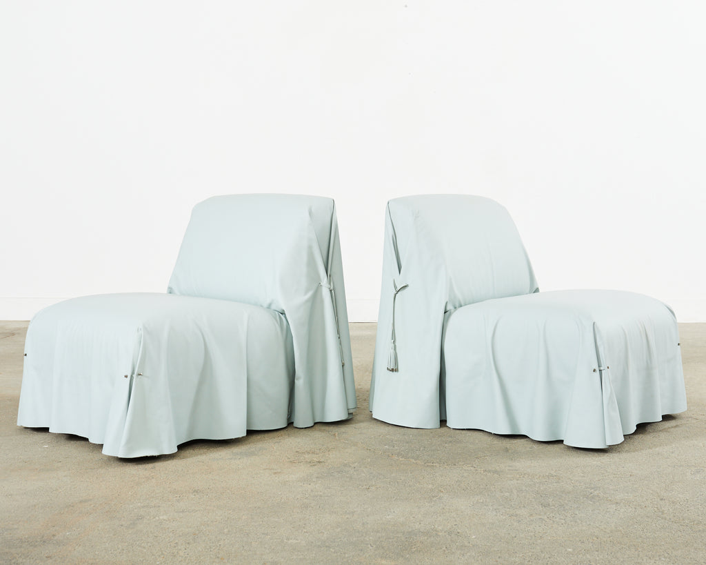 Pair of Fendi Casa Arctic Blue Leather Tunica Lounge Chairs