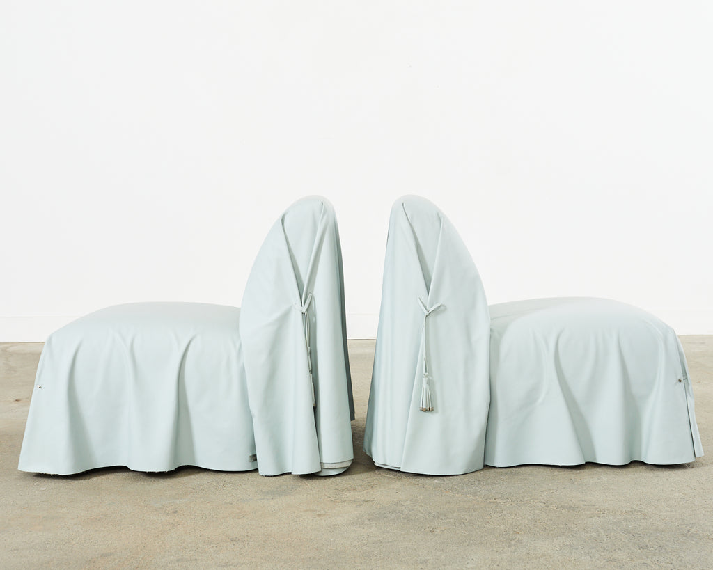 Pair of Fendi Casa Arctic Blue Leather Tunica Lounge Chairs