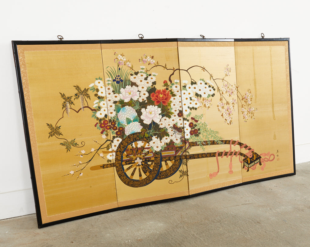 Japanese Showa Four Panel Screen Hanaguruma Flower Cart