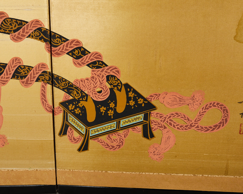 Japanese Showa Four Panel Screen Hanaguruma Flower Cart