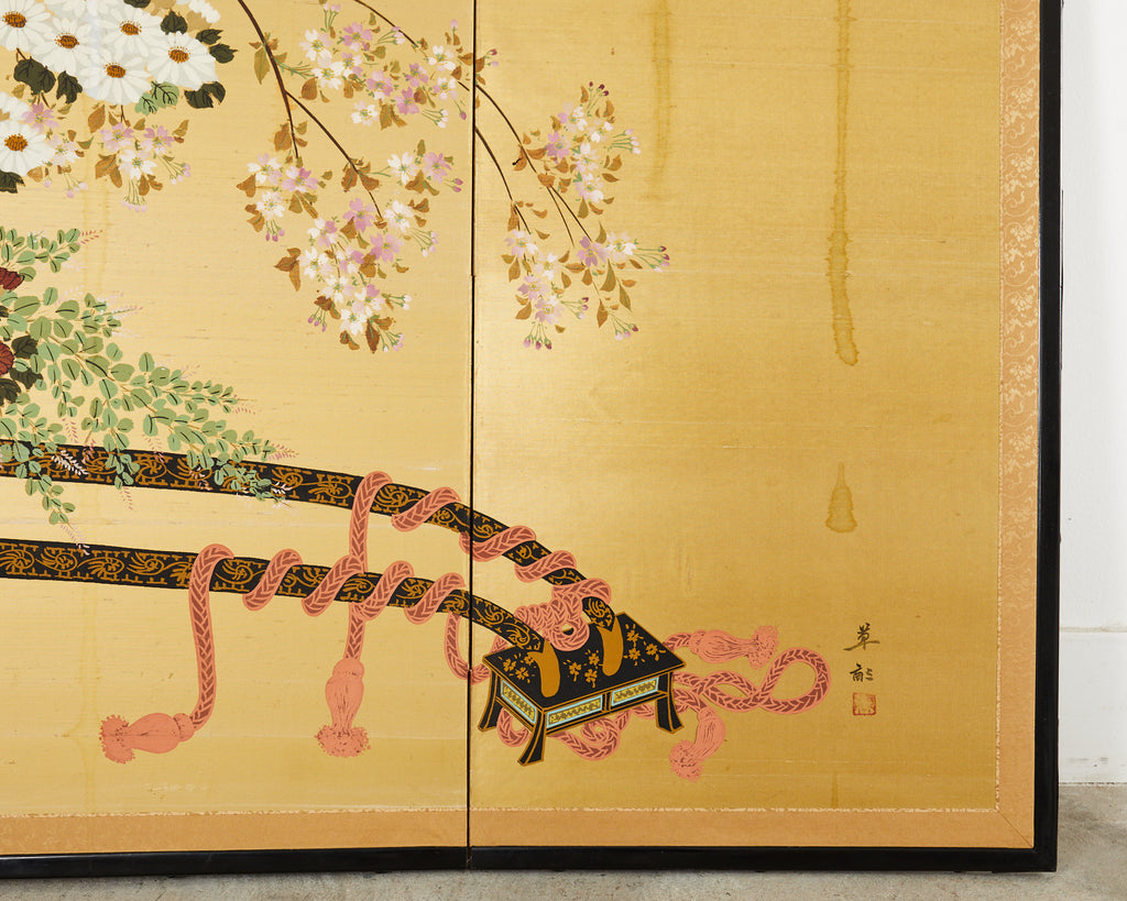 Japanese Showa Four Panel Screen Hanaguruma Flower Cart