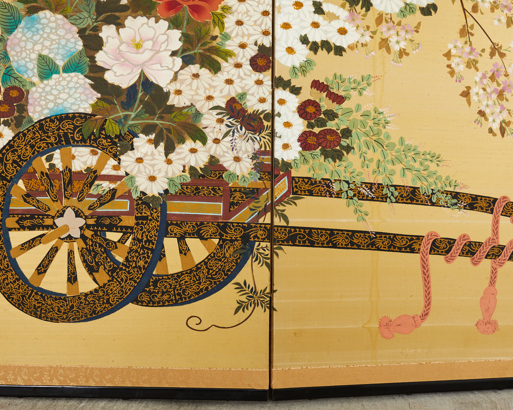 Japanese Showa Four Panel Screen Hanaguruma Flower Cart