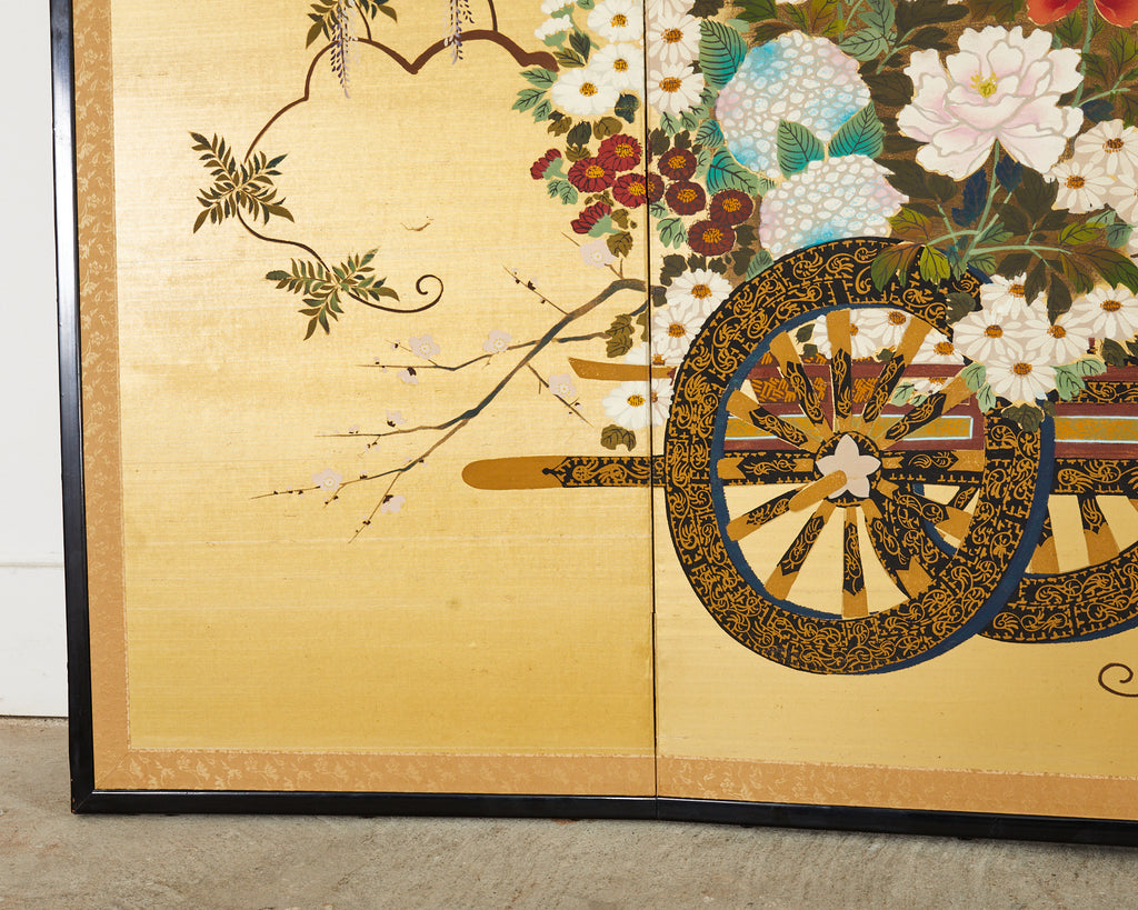 Japanese Showa Four Panel Screen Hanaguruma Flower Cart