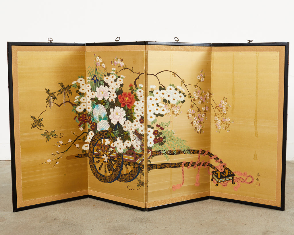 Japanese Showa Four Panel Screen Hanaguruma Flower Cart