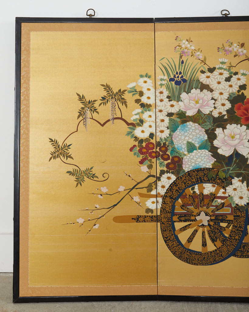 Japanese Showa Four Panel Screen Hanaguruma Flower Cart