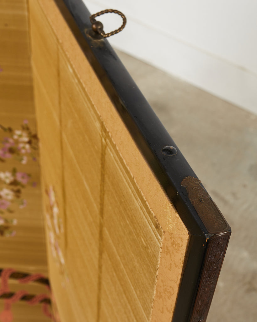 Japanese Showa Four Panel Screen Hanaguruma Flower Cart