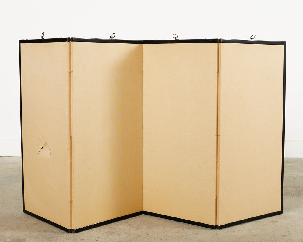 Japanese Showa Four Panel Screen Hanaguruma Flower Cart