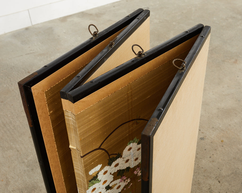 Japanese Showa Four Panel Screen Hanaguruma Flower Cart