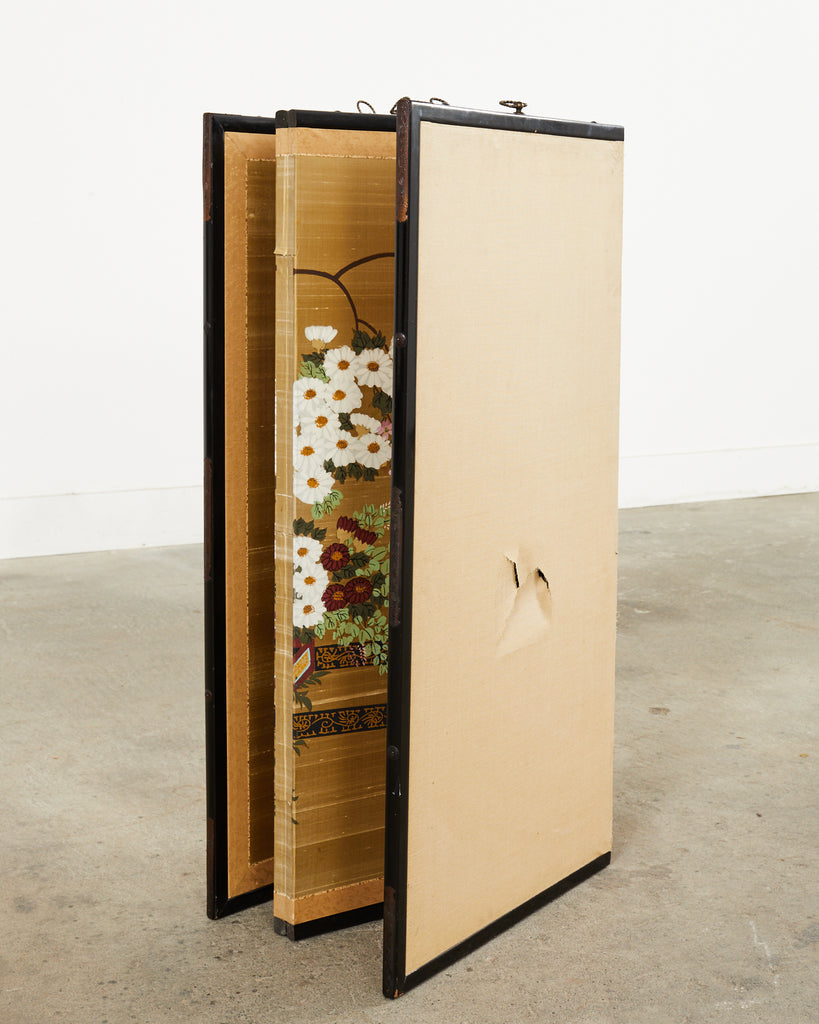 Japanese Showa Four Panel Screen Hanaguruma Flower Cart