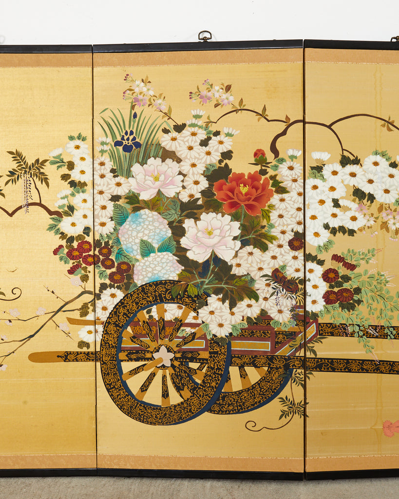 Japanese Showa Four Panel Screen Hanaguruma Flower Cart