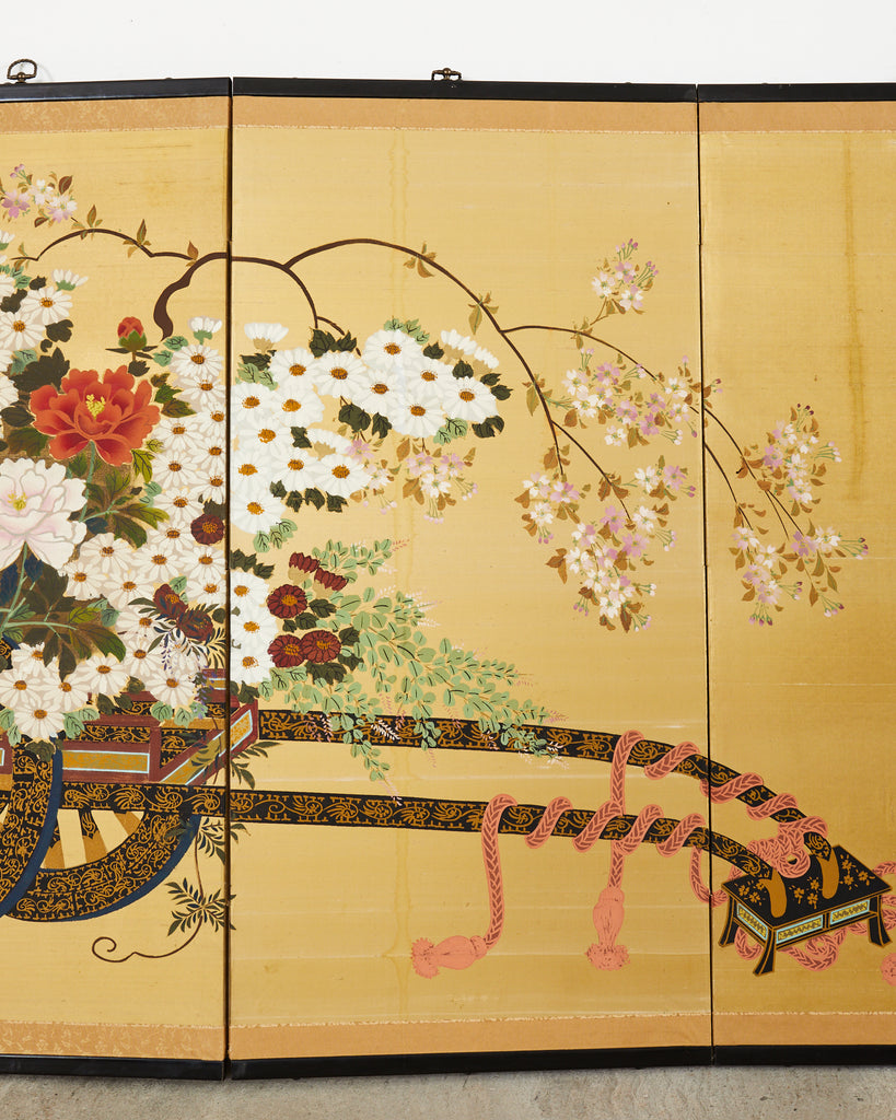 Japanese Showa Four Panel Screen Hanaguruma Flower Cart
