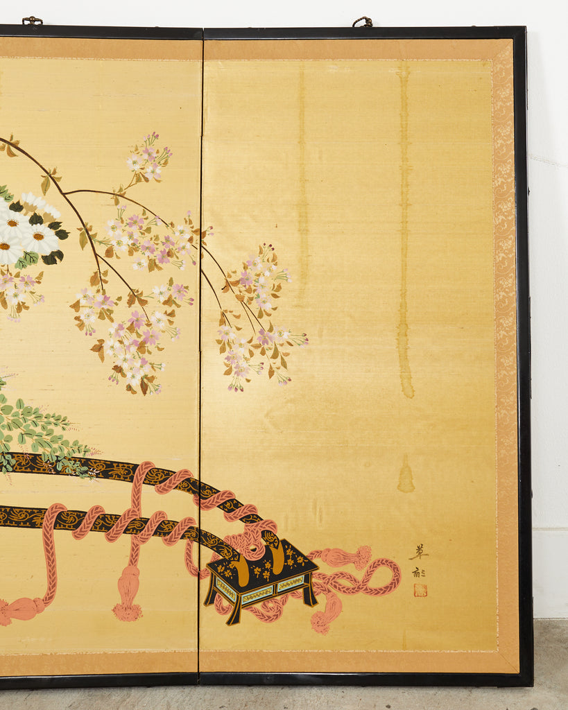 Japanese Showa Four Panel Screen Hanaguruma Flower Cart