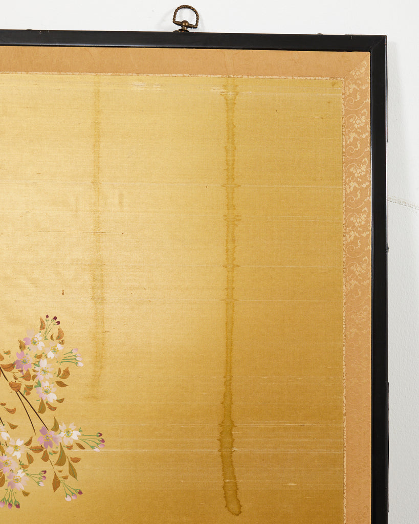 Japanese Showa Four Panel Screen Hanaguruma Flower Cart