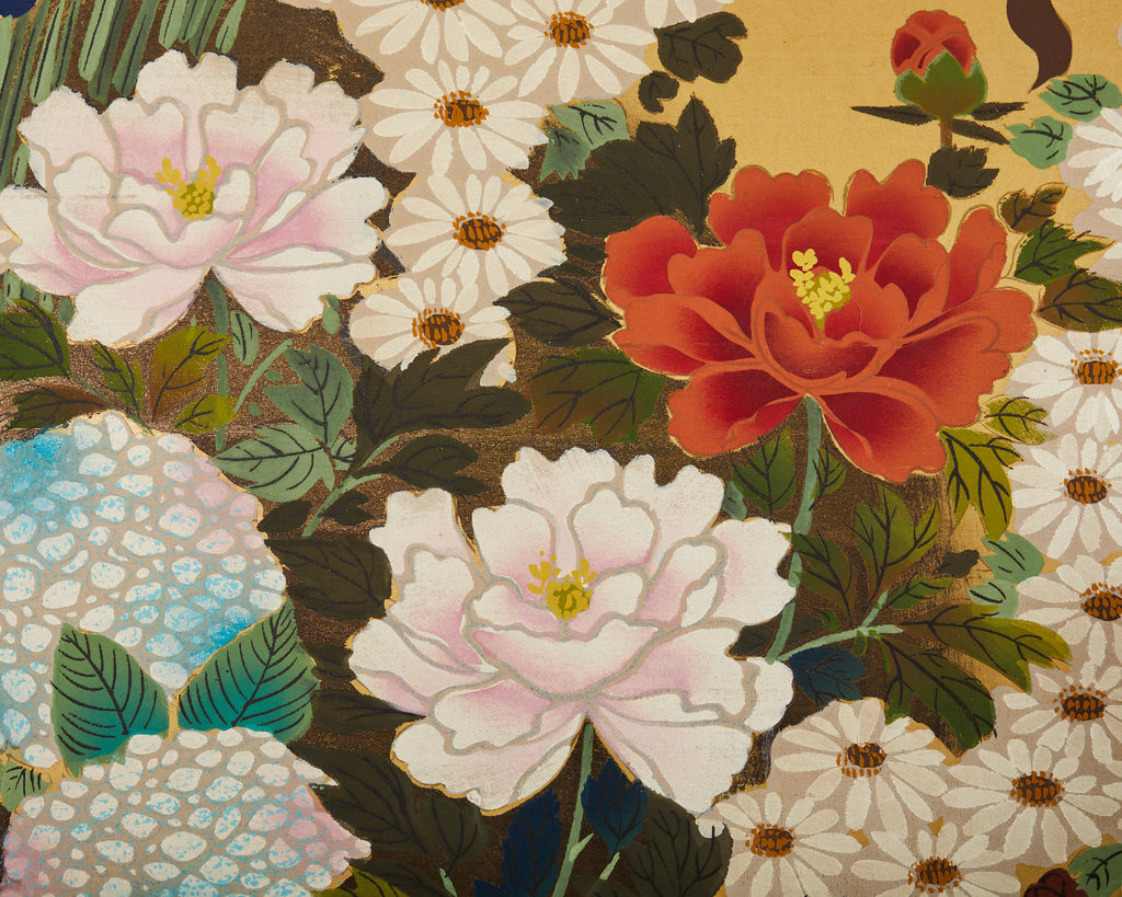 Japanese Showa Four Panel Screen Hanaguruma Flower Cart