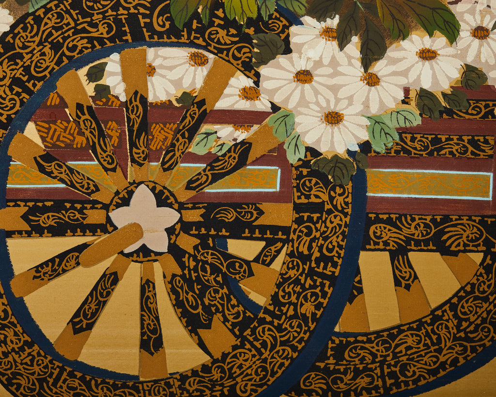 Japanese Showa Four Panel Screen Hanaguruma Flower Cart