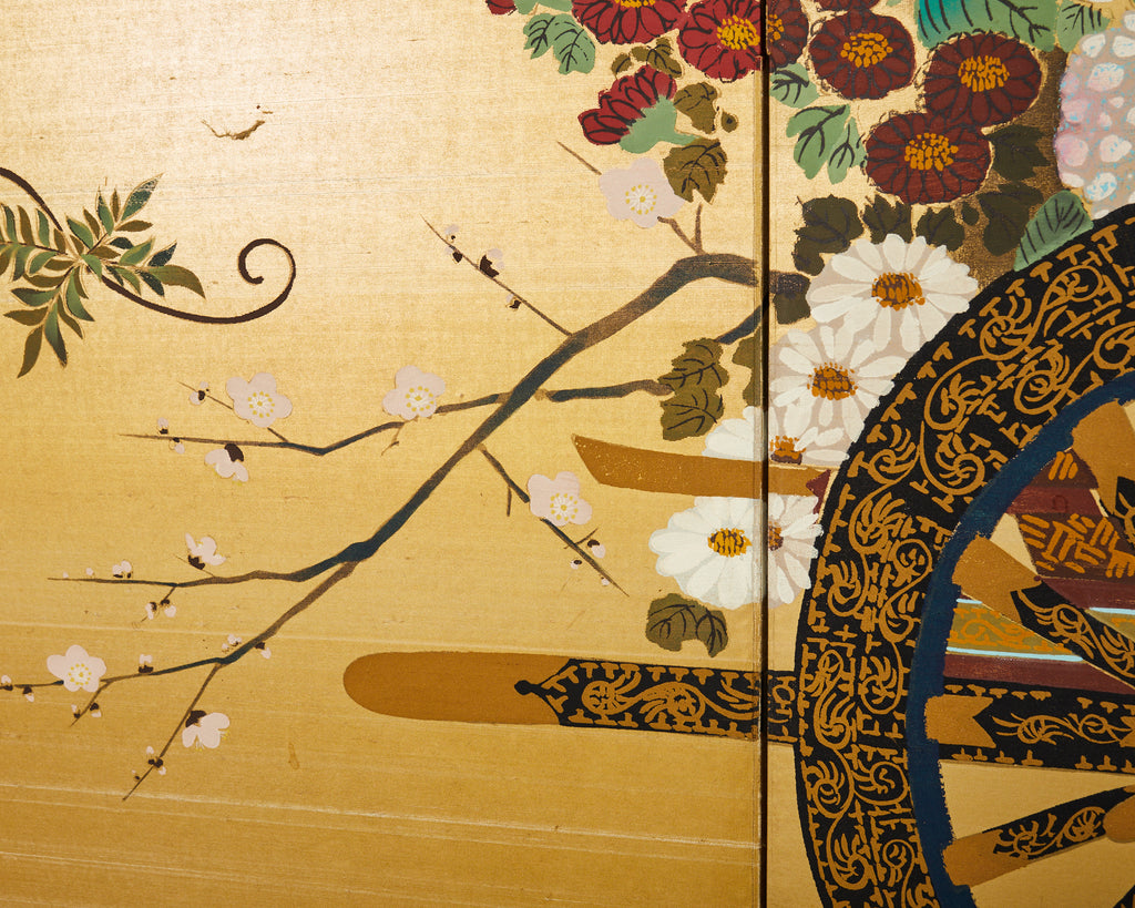 Japanese Showa Four Panel Screen Hanaguruma Flower Cart