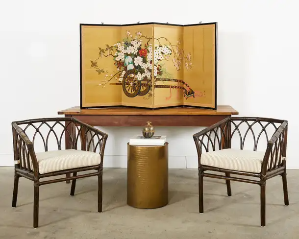 Japanese Showa Four Panel Screen Hanaguruma Flower Cart
