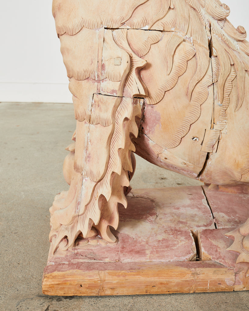 Monumental Chinese Carved Wonder Foo Dog Lion Temple Sculpture