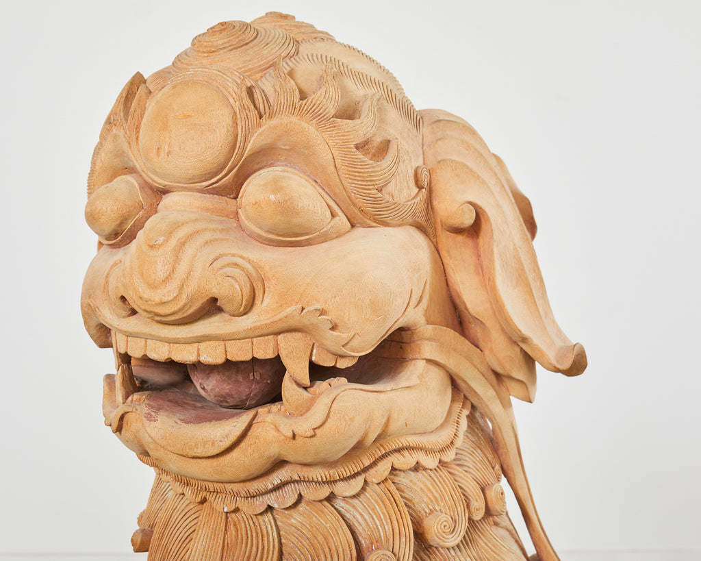 Monumental Chinese Carved Wonder Foo Dog Lion Temple Sculpture