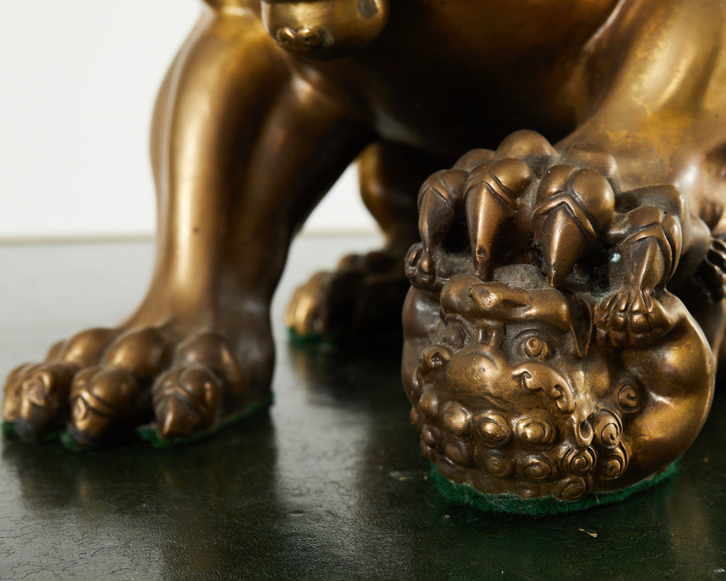 Pair of Chinese Bronzed Metal Buddhist Temple Foo Dogs Lions